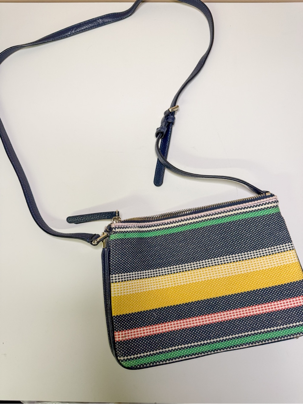 Kate Spade, Striped Navy Crossbody Bag with Yellow and Green Accents